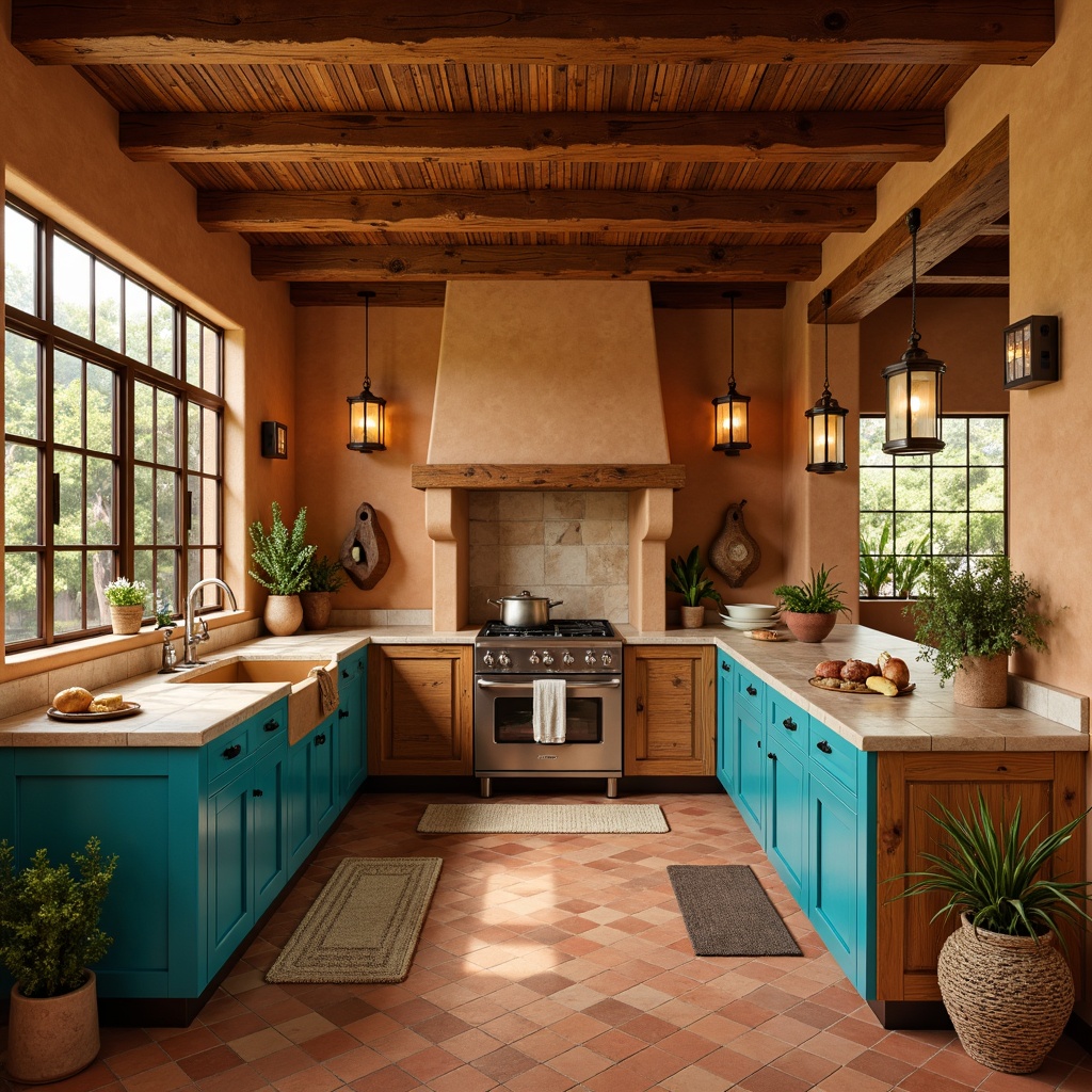 Prompt: Earthy southwestern kitchen, warm terracotta flooring, rustic wooden cabinets, vibrant turquoise accents, sandy beige countertops, woven textiles, natural stone backsplashes, pendant lanterns, rich sienna walls, distressed metal hardware, warm golden lighting, shallow depth of field, 1/2 composition, intimate atmosphere, realistic textures.