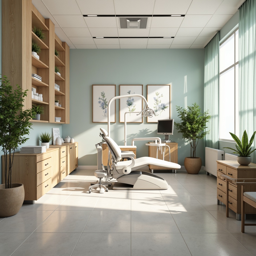 Prompt: Calming dental clinic, soft pastel shades, creamy whites, gentle blues, soothing greens, warm beige tones, natural wood accents, sleek metal equipment, modern minimalist design, ample natural light, subtle texture overlays, realistic material reflections, shallow depth of field, 3/4 composition, panoramic view.