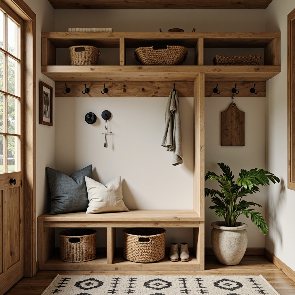 Prompt: Rustic mudroom, natural wood accents, woven baskets, vintage-inspired storage benches, industrial metal hooks, reclaimed wood shelves, earthy tone color palette, mid-century modern style, minimalist design, functional storage solutions, geometric patterned rugs, warm ambient lighting, shallow depth of field, 1/1 composition, realistic textures, ambient occlusion.