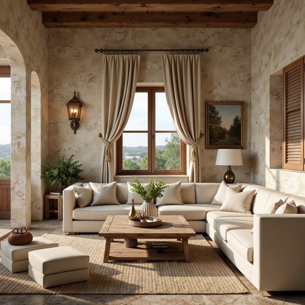 Prompt: Rustic stone walls, distressed wood paneling, soft warm beige tones, elegant cream colors, vintage distressed finishes, ornate gold accents, luxurious velvet drapes, natural linen fabrics, rustic wooden shutters, charming country landscapes, soft diffused lighting, shallow depth of field, 1/1 composition, warm earthy textures, ambient occlusion.