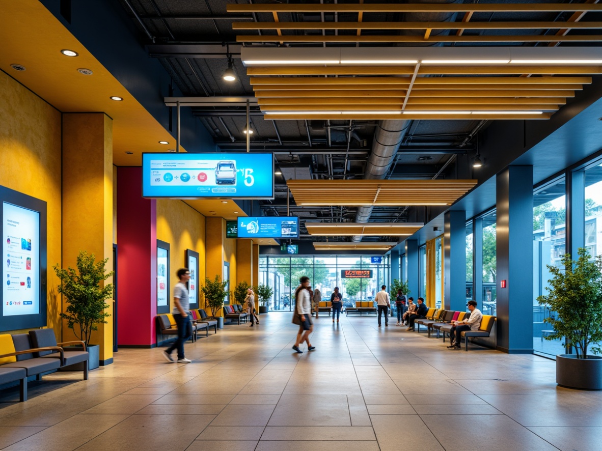 Prompt: Vibrant bus station interior, urban transportation hub, sleek modern architecture, bright LED lighting, durable industrial materials, polished metal accents, bold geometric patterns, energetic color scheme, warm beige tones, deep blue hues, vibrant yellow accents, comfortable seating areas, informative digital displays, clear wayfinding signage, natural stone flooring, bustling atmosphere, morning rush hour, soft diffused lighting, 1/2 composition, shallow depth of field, realistic textures.