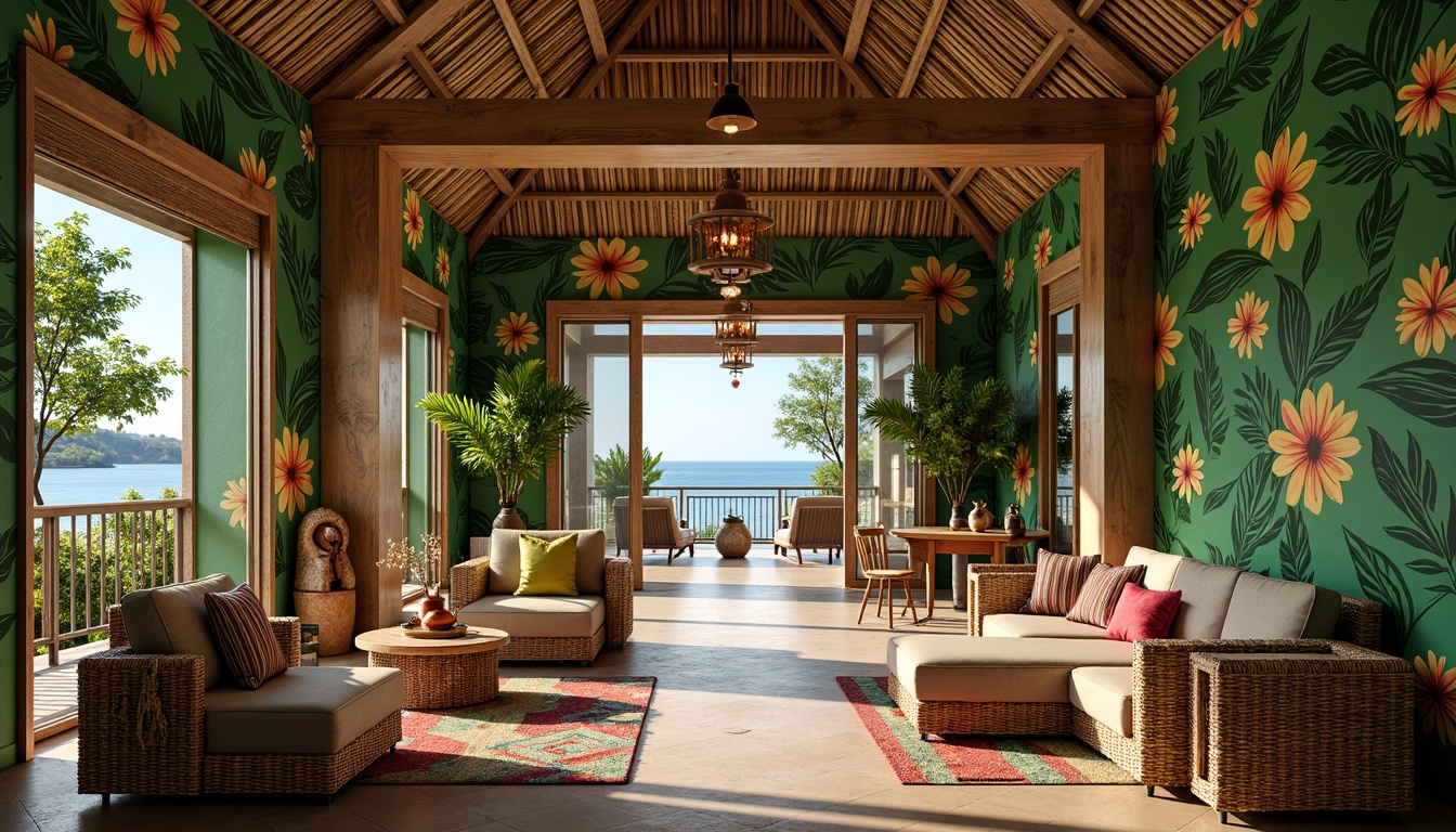 Prompt: Vibrant tropical hall, lush green walls, exotic floral patterns, woven bamboo furniture, rattan accents, colorful tiki torches, natural fiber textiles, bold geometric prints, ikat-inspired fabrics, statement lighting fixtures, high ceilings, large windows, sliding glass doors, ocean views, sunny day, warm soft lighting, shallow depth of field, 3/4 composition, panoramic view, realistic textures, ambient occlusion.