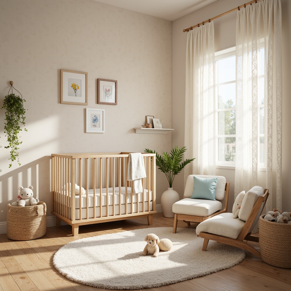 Prompt: Whimsical baby nursery, soft pastel colors, textured wallpaper, fluffy area rug, wooden crib, plush toys, creamy white furniture, delicate lace curtains, warm natural light, shallow depth of field, 1/1 composition, cozy reading nook, woven basket storage, gentle color palette, calming atmosphere, soothing sound effects, peaceful ambiance.