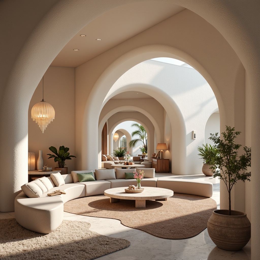 Prompt: Organic interior design, curved lines, flowing shapes, minimalist decor, soft pastel colors, marble textures, rounded furniture, circular coffee tables, wavy patterns, velvet upholstery, gentle warm lighting, shallow depth of field, 1/1 composition, intimate atmosphere, cozy reading nooks, plush area rugs, elegant chandeliers, subtle reflections, ambient shadows.