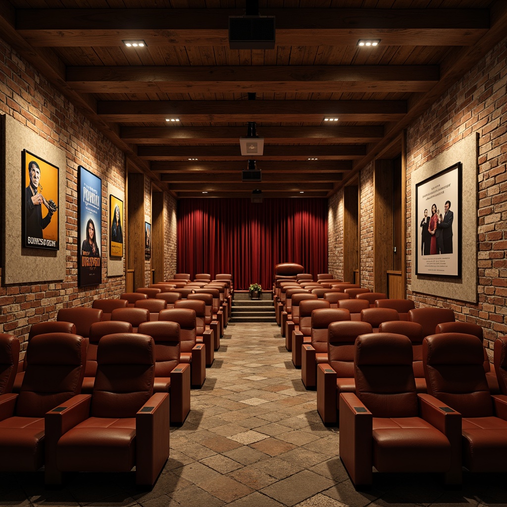 Prompt: Rustic cinema interior, distressed wood paneling, exposed brick walls, vintage movie posters, dimmable warm lighting, plush velvet curtains, worn leather armchairs, wooden beam ceilings, stone floors, earthy color palette, natural textures, cozy intimate atmosphere, cinematic ambient sounds, rich wood tones, ornate metal fixtures, nostalgic decorative elements, soft box seating, raised platforms, projection screen walls, surround sound systems.