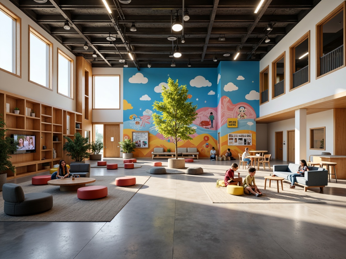 Prompt: Vibrant youth center, open-plan interior, modern minimalist design, natural light pouring in, polished concrete floors, wooden accents, colorful murals, interactive exhibits, cozy reading nooks, modular furniture, flexible seating arrangements, collaborative workspaces, state-of-the-art technology integration, LED lighting systems, dynamic soundscapes, immersive experiences, 1/1 composition, wide-angle lens, softbox lighting, subtle textures, atmospheric ambiance.