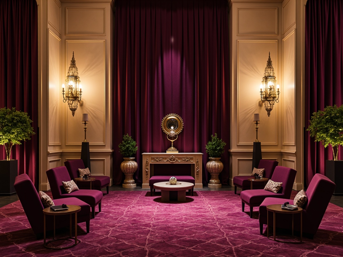 Prompt: Rich plum tones, luxurious velvet fabrics, opulent jewel-toned accents, warm beige backgrounds, soft golden lighting, subtle gradient effects, dramatic shadows, bold geometric patterns, ornate metal fixtures, lavish furnishings, regal atmosphere, sophisticated elegance, refined modern aesthetic, 3/4 composition, shallow depth of field, panoramic view, realistic textures, ambient occlusion.