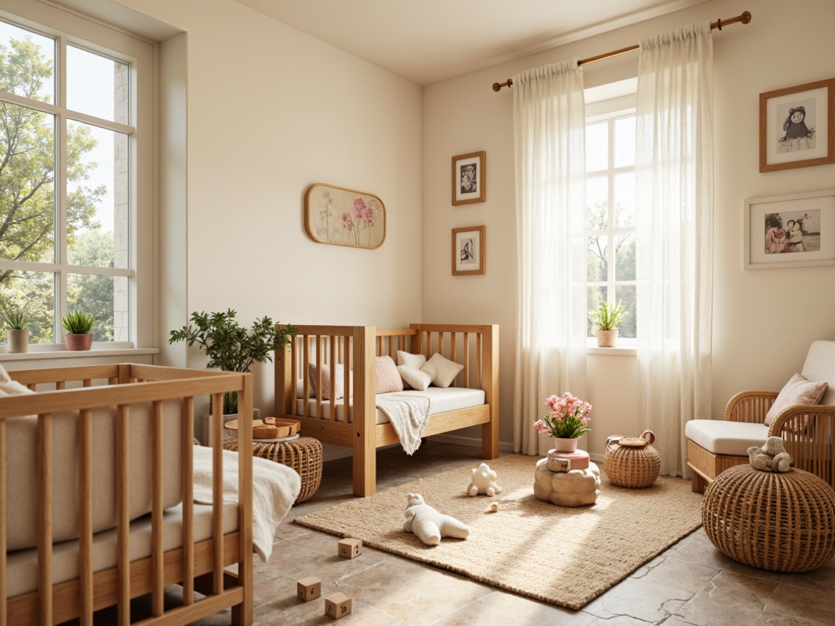 Prompt: Whimsical nursery, soft pastel colors, plush toys, wooden cribs, delicate lace curtains, gentle cream walls, textured stone flooring, woven wicker furniture, natural linen upholstery, vintage-inspired decorative frames, warm golden lighting, shallow depth of field, 1/1 composition, intimate close-up shots, realistic fabric textures, ambient occlusion.