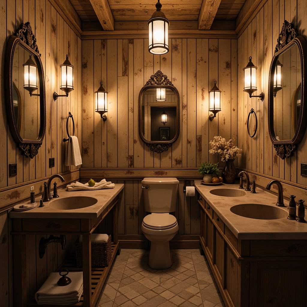 Prompt: Rustic powder room, distressed wooden walls, vintage metal fixtures, soft warm candlelight, pendant lanterns, warm beige tones, natural stone countertops, antique furniture pieces, ornate mirrors, elegant chandeliers, subtle ambient glow, warm color temperature, softbox lighting, 1/1 composition, shallow depth of field, realistic textures.