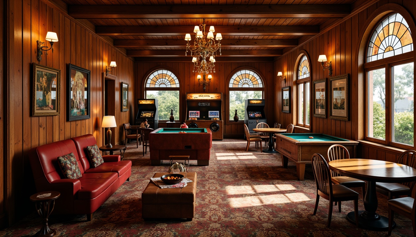 Prompt: Cozy game room, rich wood paneling, warm golden lighting, plush velvet couches, vintage arcade machines, classic board games, stained glass windows, ornate metal door handles, distressed leather armchairs, rustic wooden tables, decorative glass vases, intricate glass mosaics, soft warm carpeting, traditional architectural details, inviting atmosphere, shallow depth of field, 1/1 composition, realistic textures, ambient occlusion.