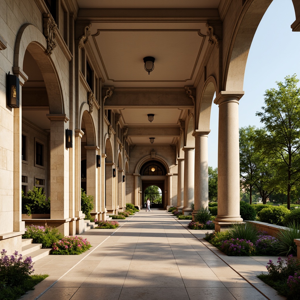 Prompt: Grand campus entrance, Corinthian columns, ornate capitals, symmetrical fa\u00e7ade, neoclassical architecture, rusticated stone base, grand staircase, sweeping arches, vaulted ceilings, intricate moldings, elegant lanterns, lush greenery, vibrant flowers, natural stone walkways, serene atmosphere, soft warm lighting, shallow depth of field, 3/4 composition, panoramic view, realistic textures, ambient occlusion.