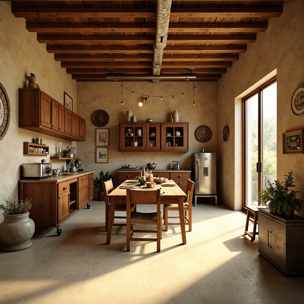 Prompt: Cozy garage interior, warm beige walls, rustic wooden cabinets, metallic silver tools, vintage car decorations, soft cream-colored floors, natural stone accents, earthy brown furniture, industrial-style lighting, warm golden illumination, shallow depth of field, 1/2 composition, realistic textures, ambient occlusion.