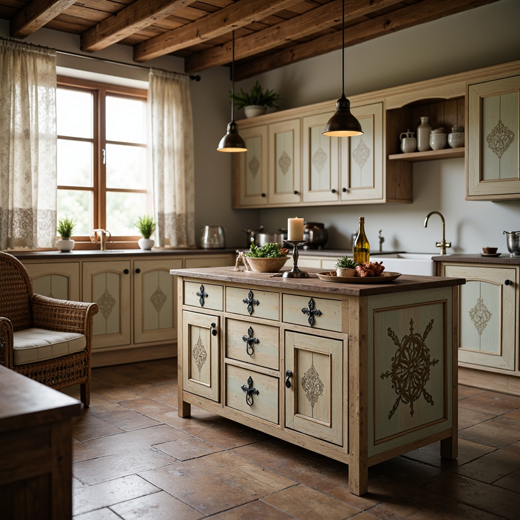 Prompt: Vintage kitchen island, distressed wood finish, soft pastel colors, ornate metal hardware, lace curtains, floral patterns, rustic wooden beams, woven wicker furniture, decorative ceramic vases, antique kitchen utensils, warm candlelight, shallow depth of field, 1/1 composition, realistic textures, ambient occlusion.