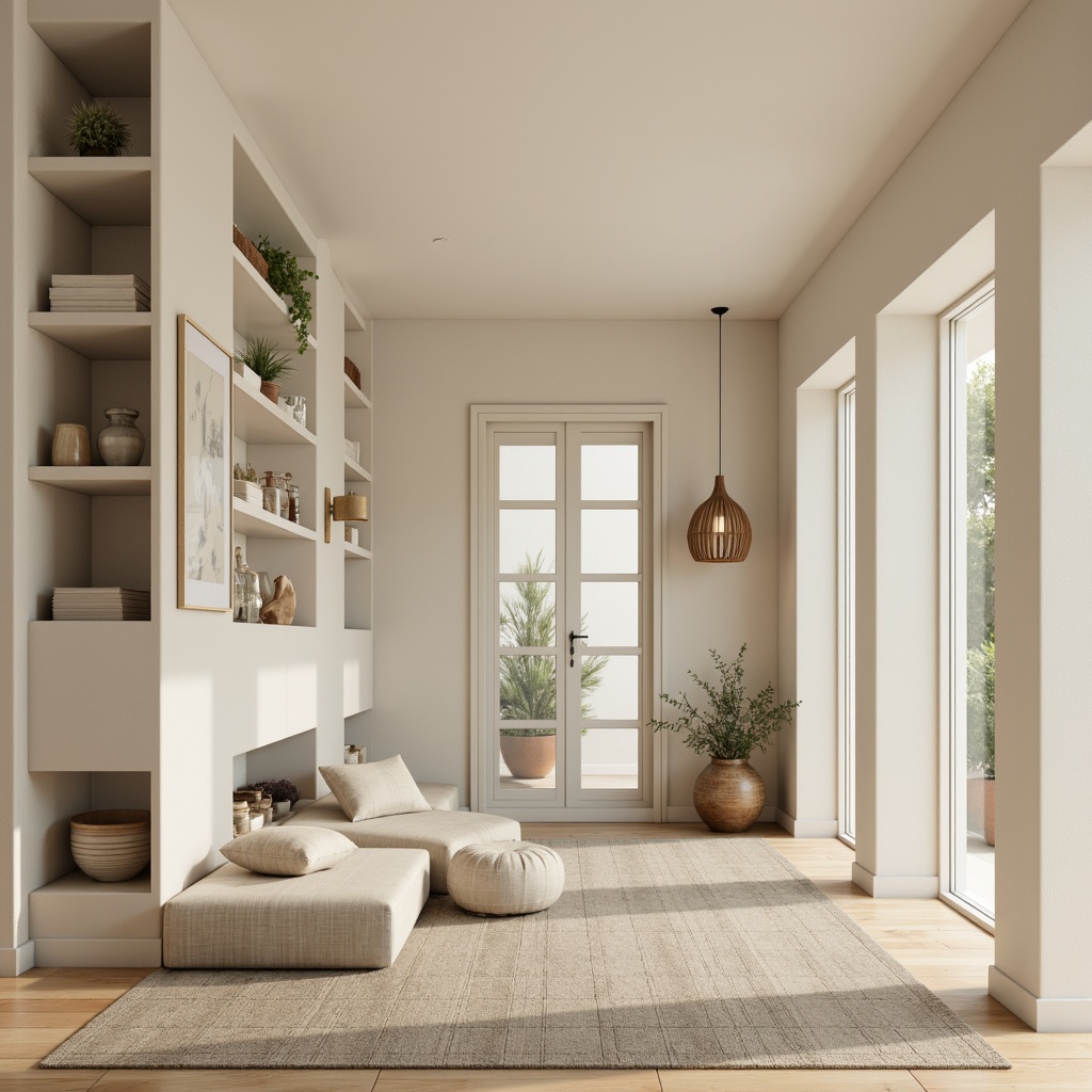 Prompt: Calming minimalist interior, soft cream walls, warm beige floors, subtle gray accents, sleek low-profile furniture, hidden storage compartments, airy open shelving, natural linen fabrics, delicate paper lanterns, serene ambient lighting, shallow depth of field, 1/1 composition, realistic textures, ambient occlusion.