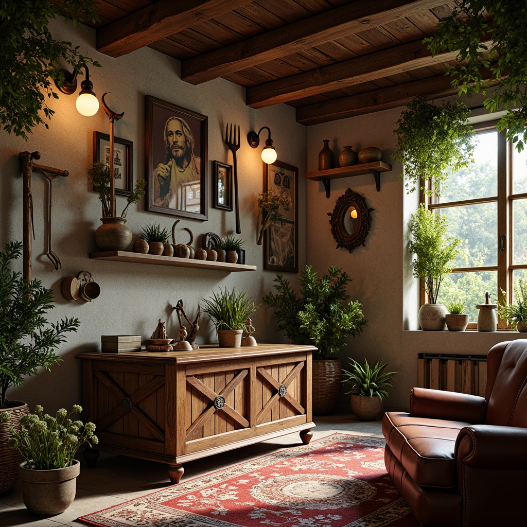 Prompt: Rustic farmhouse, ornate wooden decorations, distressed finishes, vintage farm tools, lush greenery, blooming wildflowers, natural stone walls, intricately carved furniture, plush velvet fabrics, soft golden lighting, warm candlelit ambiance, shallow depth of field, 1/1 composition, realistic textures, ambient occlusion, whimsical Rococo patterns, delicate floral motifs, ornate metalwork, distressed leather upholstery, warm earthy tones.