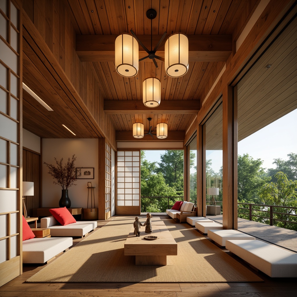 Prompt: Minimalist interior, natural wood accents, paper lanterns, shoji screens, sliding glass doors, tatami mats, low-seating furniture, subtle lighting, soft warm tones, traditional Japanese motifs, geometric patterns, bold red accents, sleek metal fixtures, modern Asian-inspired sculptures, lush greenery, bamboo plants, peaceful ambiance, shallow depth of field, 1/1 composition, warm soft focus.