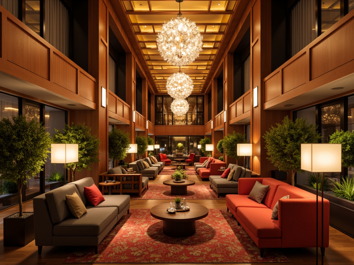 Prompt: Cozy hotel lobby, warm ambient lighting, soft golden glow, elegant chandeliers, modern floor lamps, comfortable seating areas, rich wood accents, luxurious textiles, vibrant color schemes, intimate corners, dramatic ceiling heights, warm beige tones, inviting atmosphere, soft background music, 1/1 composition, shallow depth of field, realistic textures, subtle shadows.