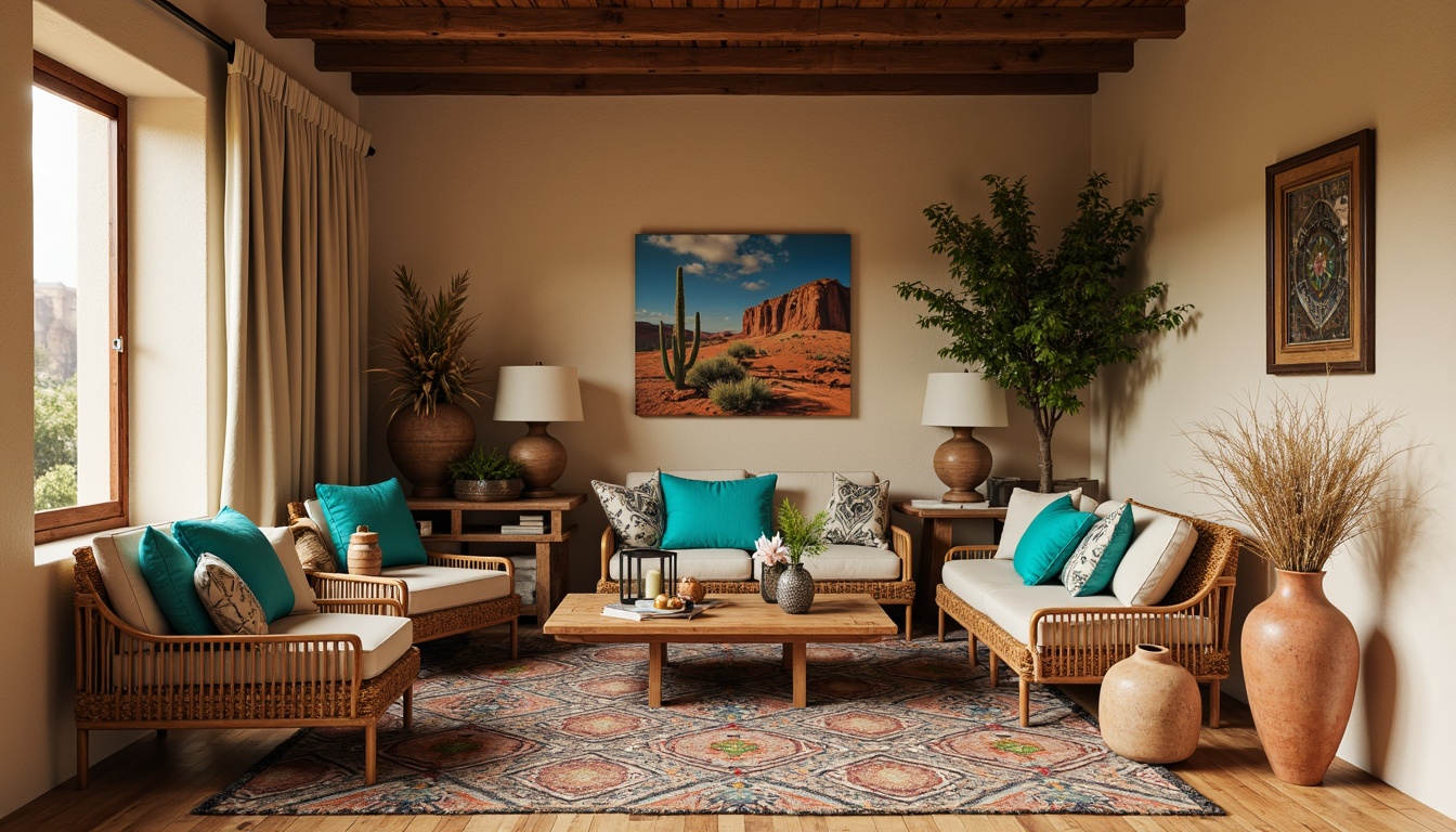 Prompt: Vibrant turquoise accents, rustic wooden furniture, woven wicker chairs, plush southwestern-patterned rugs, earthy terracotta vases, ornate metal lanterns, natural linen drapes, distressed wood side tables, chunky ceramic pottery, desert-inspired wall art, warm beige stucco walls, soft ambient lighting, shallow depth of field, 1/2 composition, realistic textures, warm color palette.