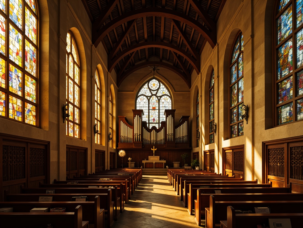 Prompt: Rustic church interior, stained glass windows, warm golden lighting, intricate patterns, vivid colors, ornate details, wooden pews, stone walls, vaulted ceilings, grand organ pipes, mystical ambiance, soft focus, shallow depth of field, 1/2 composition, realistic textures, ambient occlusion.