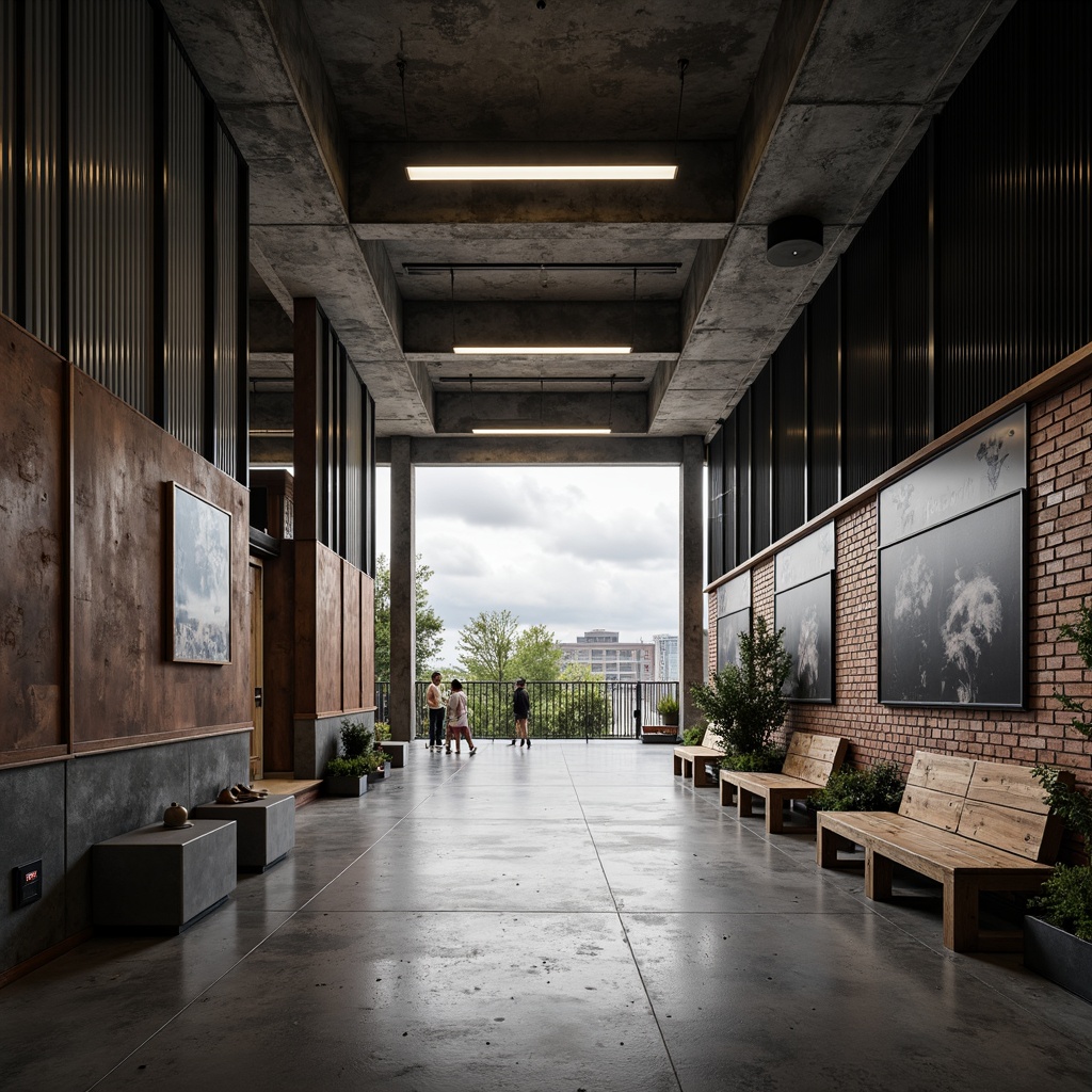 Prompt: Exposed concrete structures, metal beams, industrial pipes, reclaimed wood accents, corrugated metal cladding, weathered steel fa\u00e7ades, polished concrete floors, minimalist lighting fixtures, raw brick walls, distressed wooden benches, urban landscape views, cloudy skies, dramatic shadowing, high-contrast lighting, symmetrical composition, wide-angle lens, cinematic mood, gritty textures, atmospheric haze.