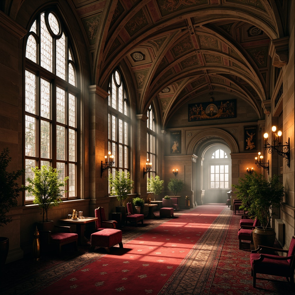 Prompt: Intricate stone carvings, grandiose vaulted ceilings, stained glass windows, ornate wooden furniture, rich velvet fabrics, mysterious candelabras, ancient tapestries, mystical symbols, dramatic archways, imposing columns, luxurious red carpeting, eerie dim lighting, warm golden tones, 1/2 composition, shallow depth of field, atmospheric mist, cinematic mood.