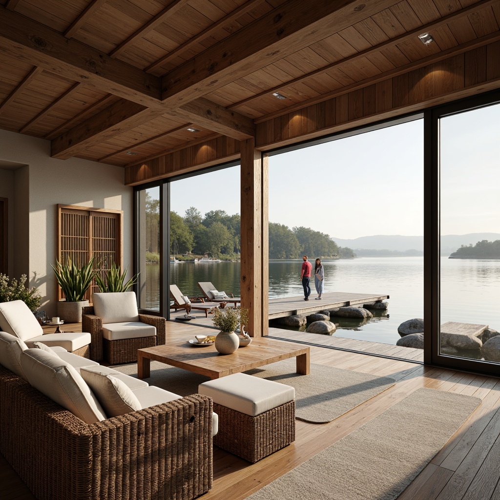 Prompt: Waterfront boathouse, spacious interior, high ceilings, large windows, sliding glass doors, wooden accents, nautical decorations, marine-inspired colors, open floor plan, minimalist furniture, natural textiles, woven fibers, rustic wood tones, soft warm lighting, shallow depth of field, 3/4 composition, panoramic view, realistic water reflections, ambient occlusion, serene lake surroundings, lush greenery, tranquil atmosphere, early morning mist, gentle sunlight.