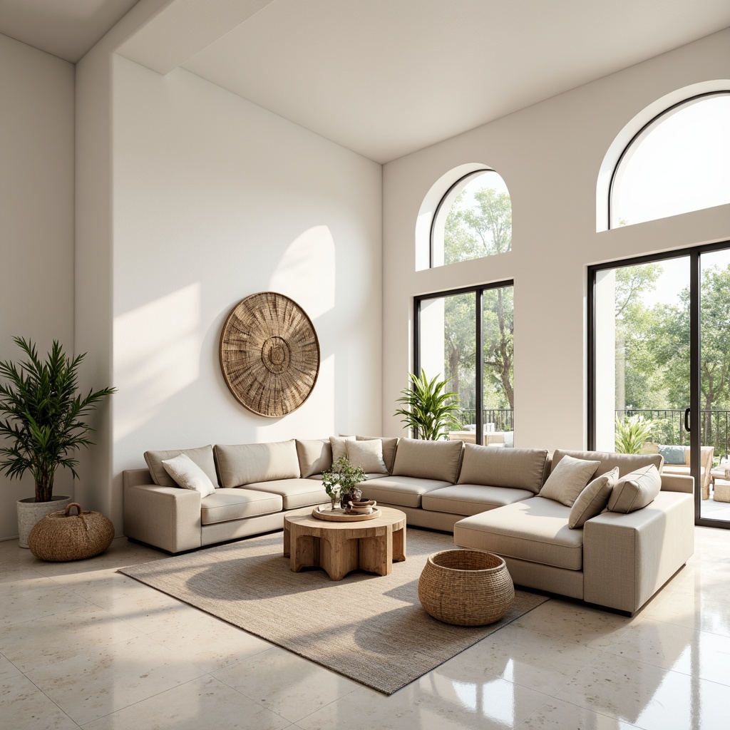 Prompt: Minimalist living room, creamy white walls, warm beige sofas, rich wood accents, polished marble floors, subtle metallic tones, soft pastel hues, natural textiles, woven baskets, potted greenery, floor-to-ceiling windows, abundant natural light, airy atmosphere, 1/1 composition, shallow depth of field, realistic reflections, ambient occlusion.