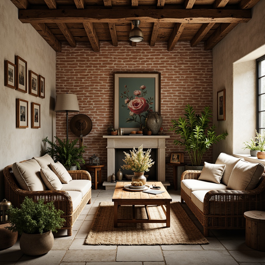 Prompt: Rustic farmhouse interior, vintage distressed wood, exposed brick walls, natural stone flooring, woven wicker furniture, plush linen upholstery, earthy color palette, soft warm lighting, cozy throw blankets, potted greenery, antique decorative items, metal lanterns, wooden beams, country-inspired artwork, floral patterns, rough-hewn wood accents, organic textures, 1/1 composition, intimate atmosphere, warm color tone, shallow depth of field.