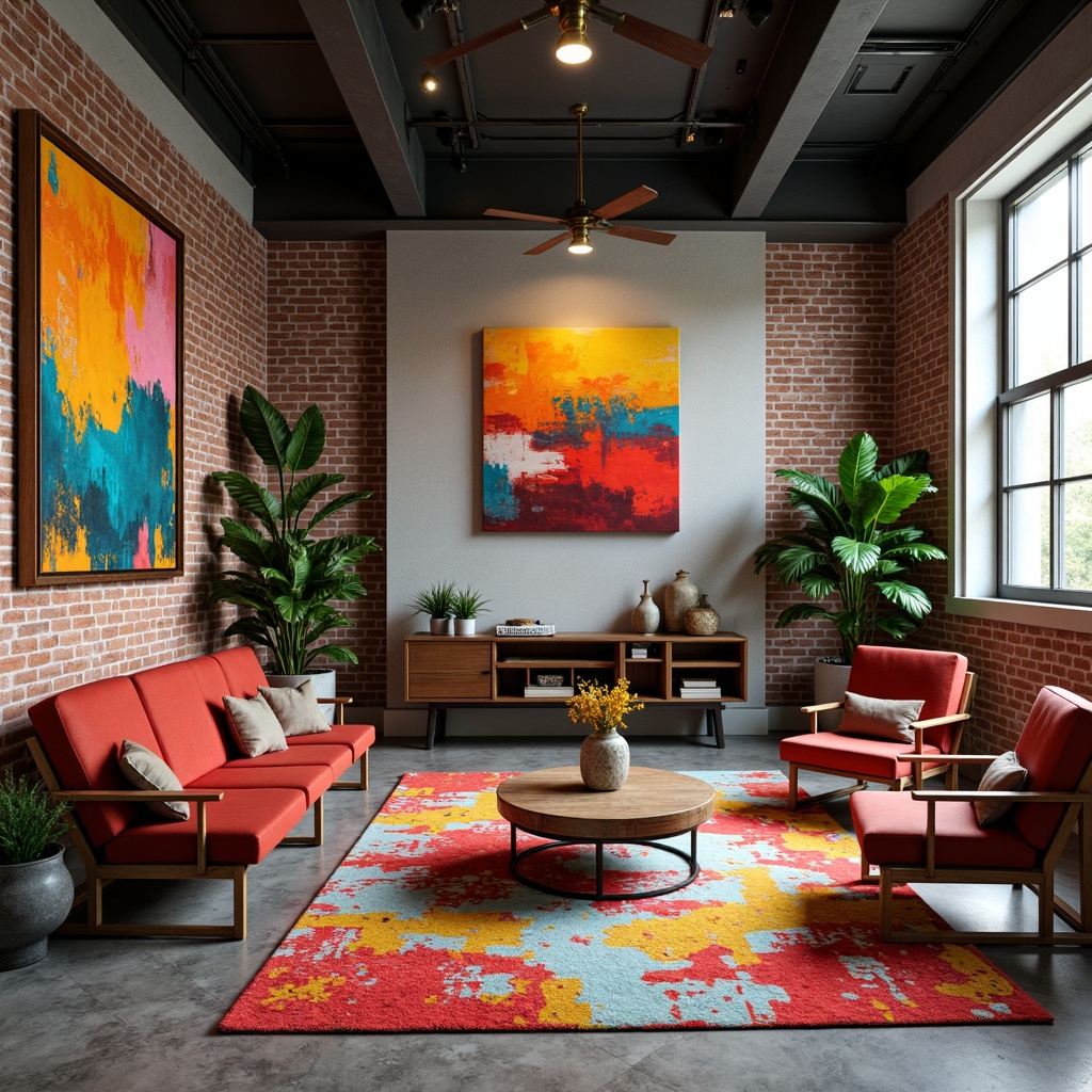 Prompt: Vibrant eclectic office, abstract artwork, bold colorful rugs, distressed wooden accents, reclaimed metal decorations, industrial chic lighting, exposed brick walls, polished concrete floors, modern minimalist furniture, ergonomic chairs, sleek glass tables, lush green plants, natural stone features, geometric patterned textiles, rich velvet upholstery, warm brass fixtures, softbox lighting, 1/1 composition, high-contrast colors, realistic ambient occlusion.