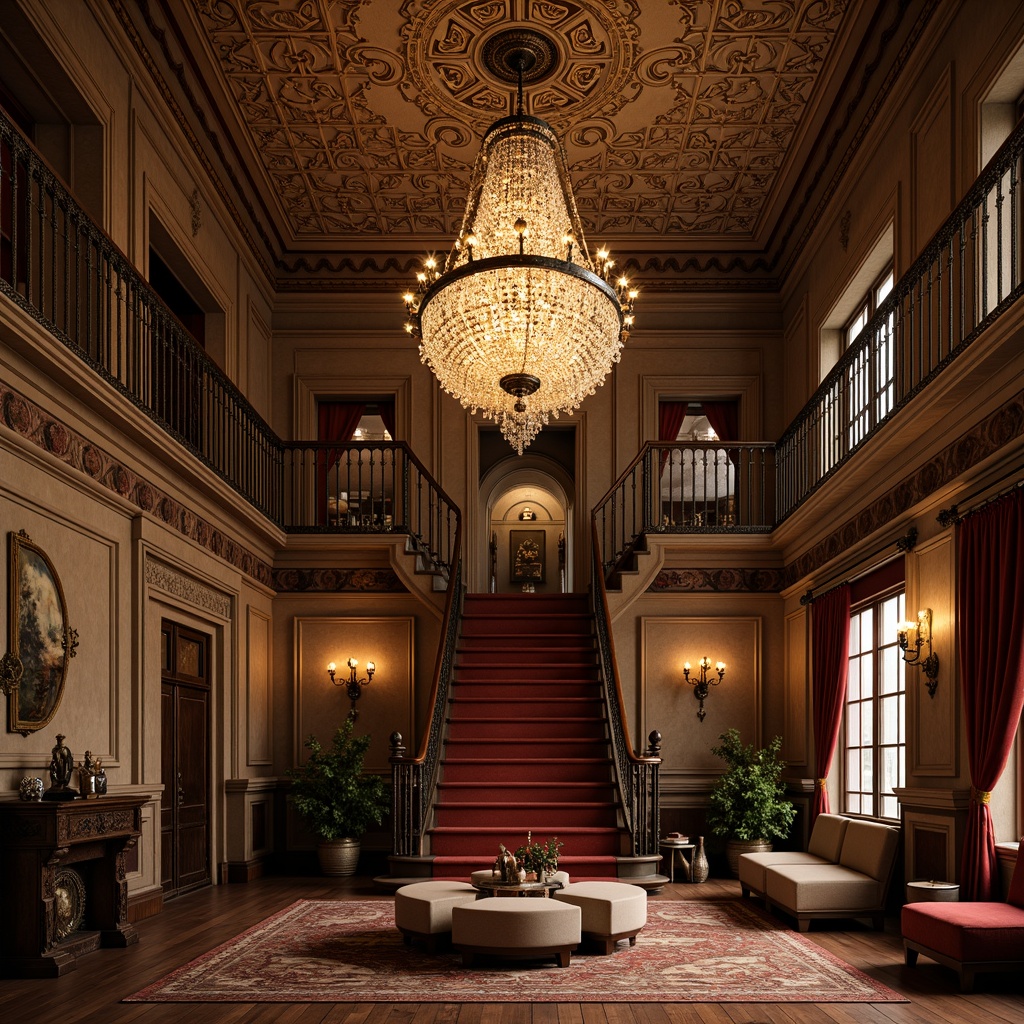 Prompt: Ornate chandeliers, crystal droplets, bronze fixtures, intricately patterned metalwork, grand staircases, rich wood tones, luxurious fabrics, opulent furnishings, velvet drapes, ornamental plaster ceilings, distressed finishes, warm golden lighting, soft warm glow, 1/1 composition, intimate atmosphere, realistic textures, ambient occlusion.