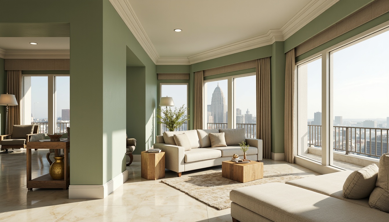 Prompt: Soft celadon green walls, cream-colored marble floors, warm beige furnishings, subtle gold accents, elegant crown molding, floor-to-ceiling windows, panoramic city views, luxurious velvet drapes, refined minimalist decor, ambient soft lighting, shallow depth of field, 1/1 composition, realistic textures, atmospheric fog effect.