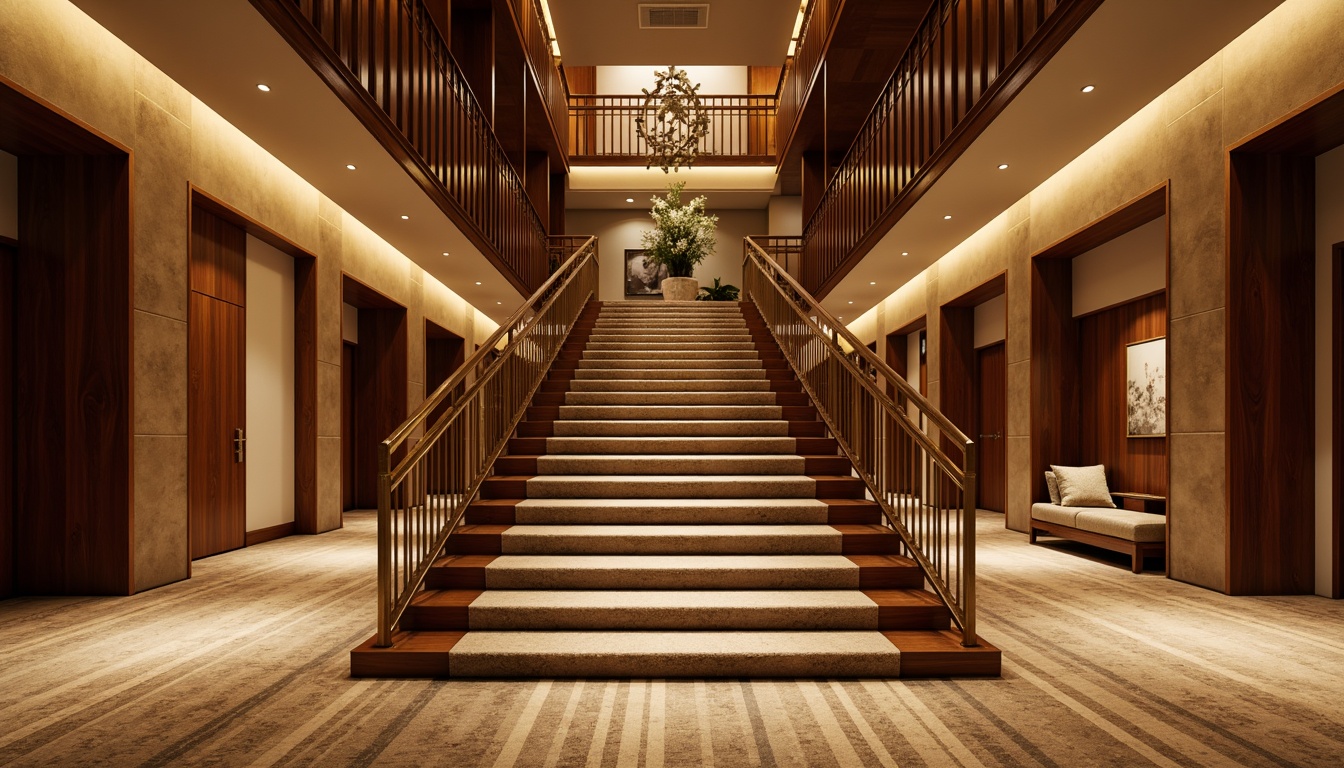 Prompt: Luxurious staircase, elegant banister, rich wood tones, warm golden lighting, comfortable carpeting, plush soft piles, subtle texture variations, sophisticated geometric patterns, modern minimalist design, sleek metal railings, polished chrome accents, statement-making newel posts, dramatic ceiling heights, spacious open-plan layout, inviting atmospheric ambiance, shallow depth of field, 1/1 composition, realistic textures, ambient occlusion.