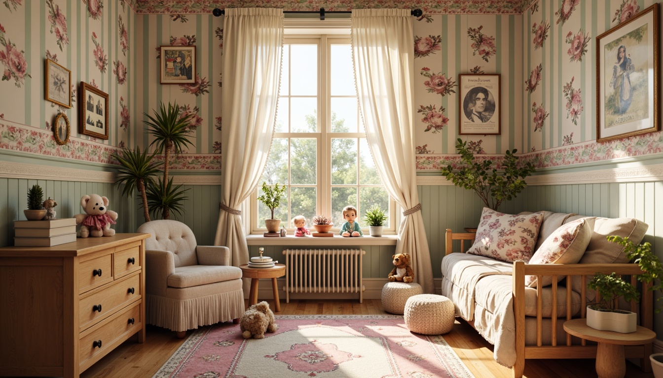 Prompt: Whimsical Victorian-era inspired kids' room, soft pastel colors, floral patterns, delicate lace trim, ornate wooden furniture, carved details, plush toys, vintage posters, intricate moldings, rich velvet fabrics, tufted upholstery, warm golden lighting, shallow depth of field, 1/2 composition, cozy reading nook, lively striped wallpaper, distressed wood accents, antique decorative objects, playful polka dots, fancy cursive fonts.