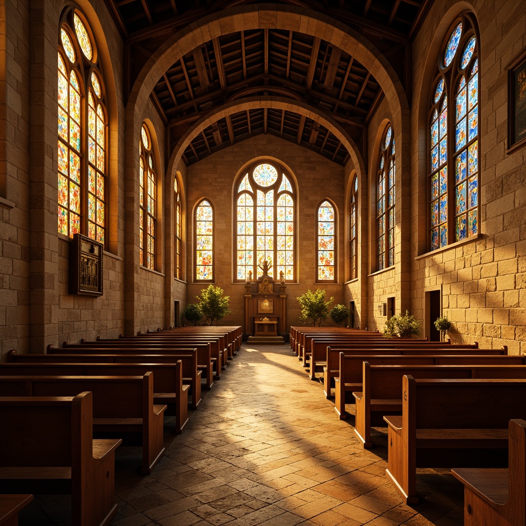 Prompt: Rustic church interior, stained glass windows, warm golden light, vibrant colors, geometric patterns, floral motifs, intricate designs, medieval architecture, stone walls, wooden pews, vaulted ceilings, ornate details, rich textures, warm ambiance, soft focus, shallow depth of field, 1/1 composition, realistic rendering, ambient occlusion.