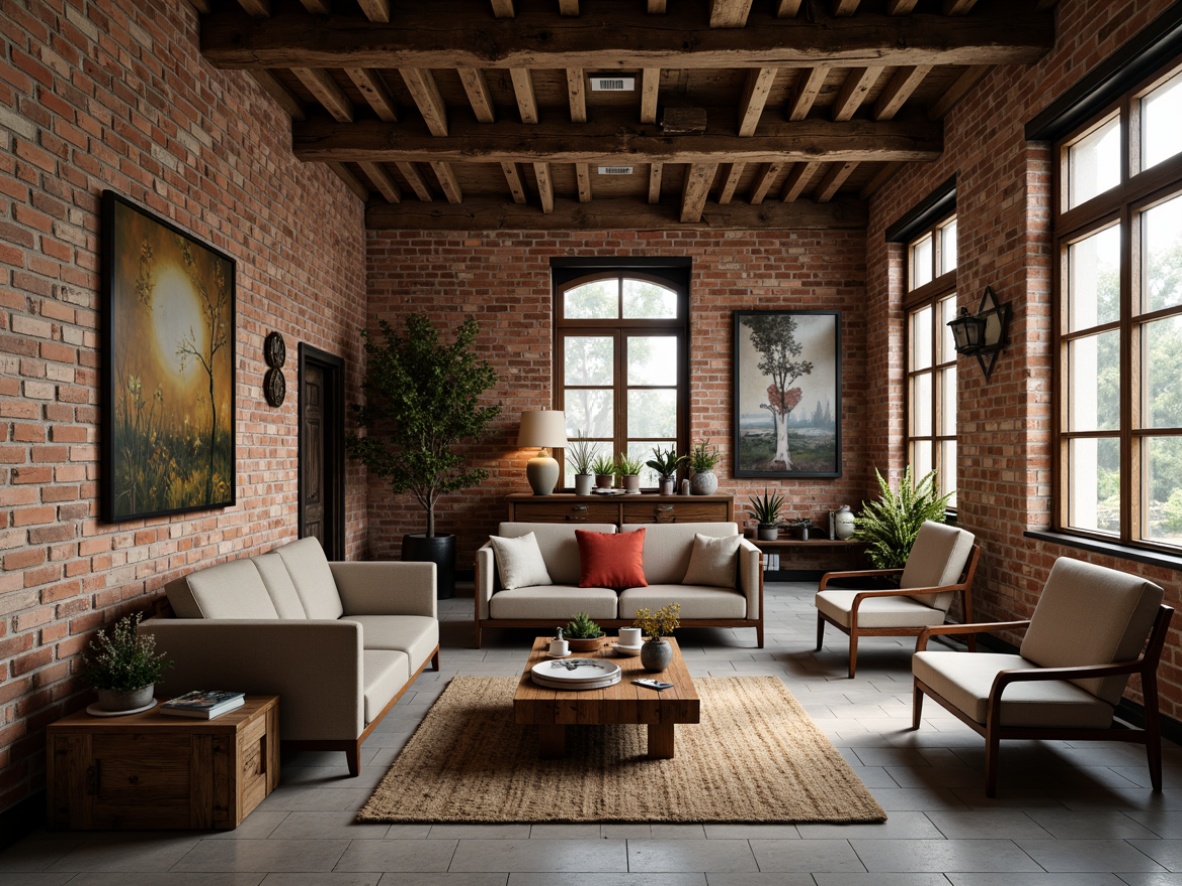 Prompt: Rustic industrial interior, exposed brick walls, rough-hewn wooden accents, metal beams, distressed finishes, vintage decorative items, earthy color palette, soft warm lighting, shallow depth of field, 1/1 composition, realistic textures, ambient occlusion, natural stone floors, reclaimed wood furniture, eclectic decorative accessories.