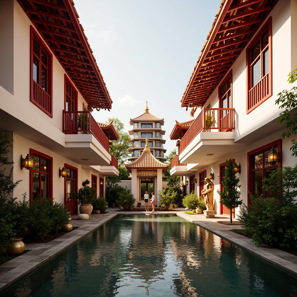 Prompt: Vibrant red accents, golden ornaments, serene white walls, traditional pagoda roofs, intricate wooden carvings, majestic stone statues, lush greenery surroundings, peaceful water features, soft warm lighting, shallow depth of field, 1/1 composition, realistic textures, ambient occlusion.