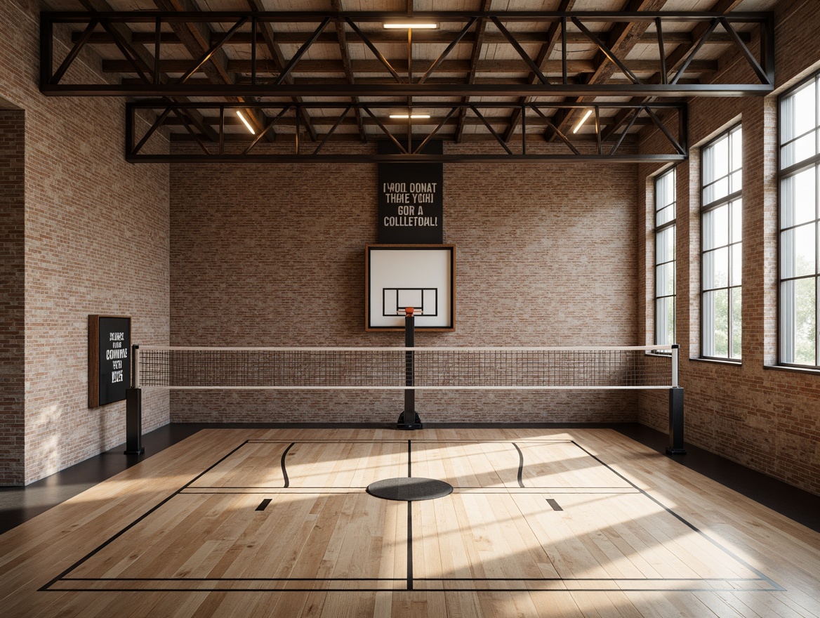 Prompt: Rustic gymnasium interior, textured walls, exposed brick surfaces, industrial-style lighting, wooden flooring, sports equipment, basketball hoops, volleyball nets, athletic tracks, motivational quotes, modern minimalistic architecture, natural stone accents, metal beams, large windows, abundant natural light, shallow depth of field, 3/4 composition, realistic textures, ambient occlusion.