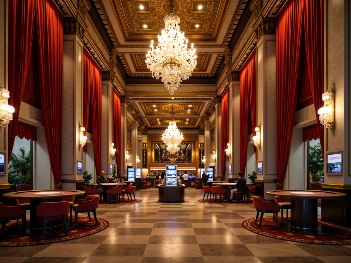 Prompt: Luxurious casino interior, rich ornate details, grand chandeliers, velvet drapes, marble floors, intricate moldings, classic columns, ornamental ceilings, lavish furnishings, warm golden lighting, intimate seating areas, vibrant colors, sophisticated textures, high-contrast ratios, cinematic composition, shallow depth of field, 1/2 camera angle, dramatic shadows, realistic reflections, ambient occlusion.