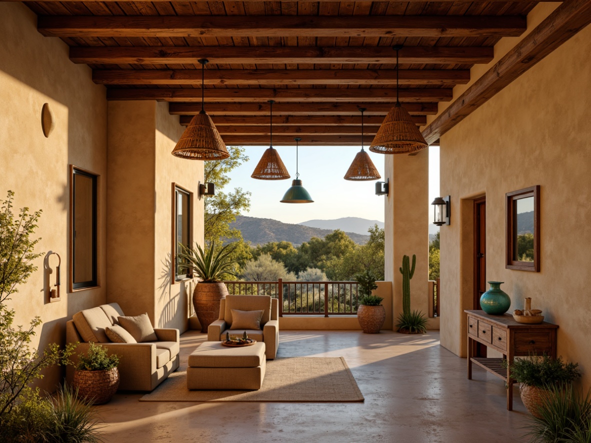 Prompt: Rustic southwestern decor, earthy tones, warm beige walls, wooden accents, reclaimed wood beams, pendant lanterns, wrought iron chandeliers, distressed metal shades, turquoise glass pendants, woven wicker light fixtures, natural linen shades, rattan details, desert landscape views, cacti silhouettes, warm sunset lighting, soft golden glow, cozy ambiance, rustic charm.