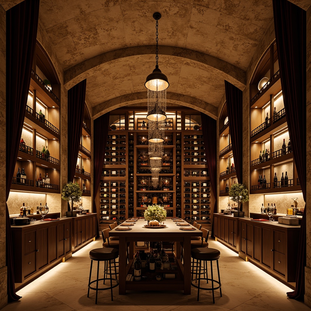 Prompt: Luxurious wine cellar, rustic stone walls, dark wooden shelves, glass-enclosed wine racks, ambient warm lighting, soft golden glow, pendant lamps, crystal chandeliers, floor-to-ceiling LED lights, color-changing mood lighting, atmospheric misting system, dimmable spotlights, rich wood tones, ornate metalwork, intimate seating areas, velvet drapes, elegant archways, dramatic ceiling heights, sophisticated wine storage systems.