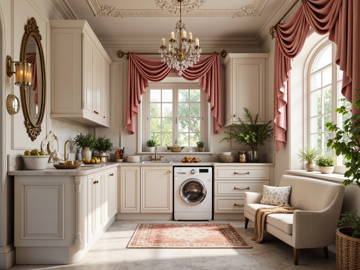 Prompt: Ornate laundry room, soft pastel hues, delicate florals, gold accents, intricate carvings, marble countertops, ornamental mirrors, crystal chandeliers, plush area rugs, velvet drapes, distressed wood cabinetry, antique bronze hardware, luxurious upholstery, natural stone flooring, elegant curves, Baroque-inspired patterns, warm softbox lighting, shallow depth of field, 1/2 composition, realistic textures, ambient occlusion.