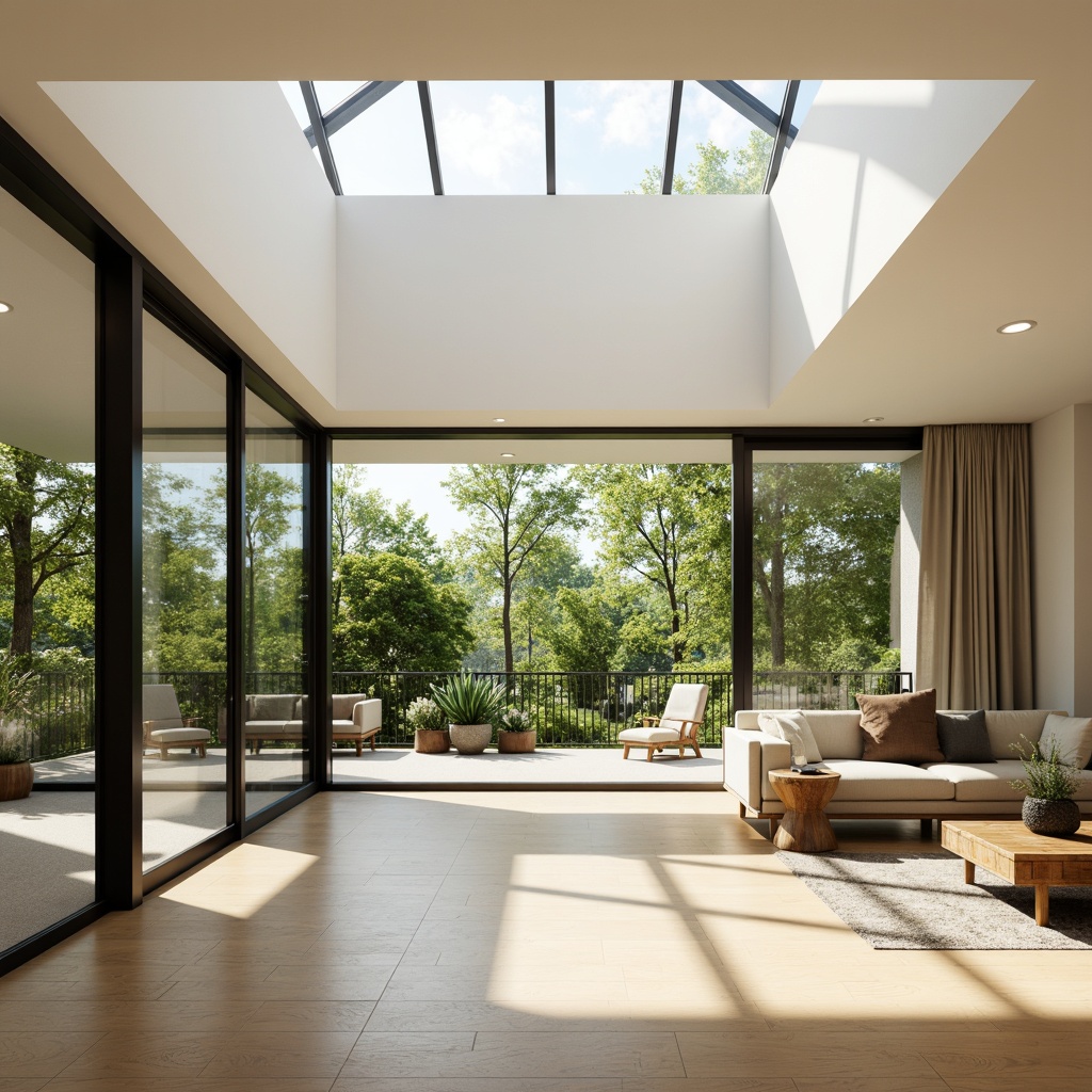 Prompt: Spacious open-plan interior, floor-to-ceiling windows, sliding glass doors, skylights, clerestory windows, minimal obstruction, reflective surfaces, polished wood floors, bright white walls, airy atmosphere, greenery views, lush plants, natural textures, warm sunny day, soft diffused lighting, high contrast ratio, shallow depth of field, 1/1 composition, minimalist decor, modern architecture, eco-friendly materials.