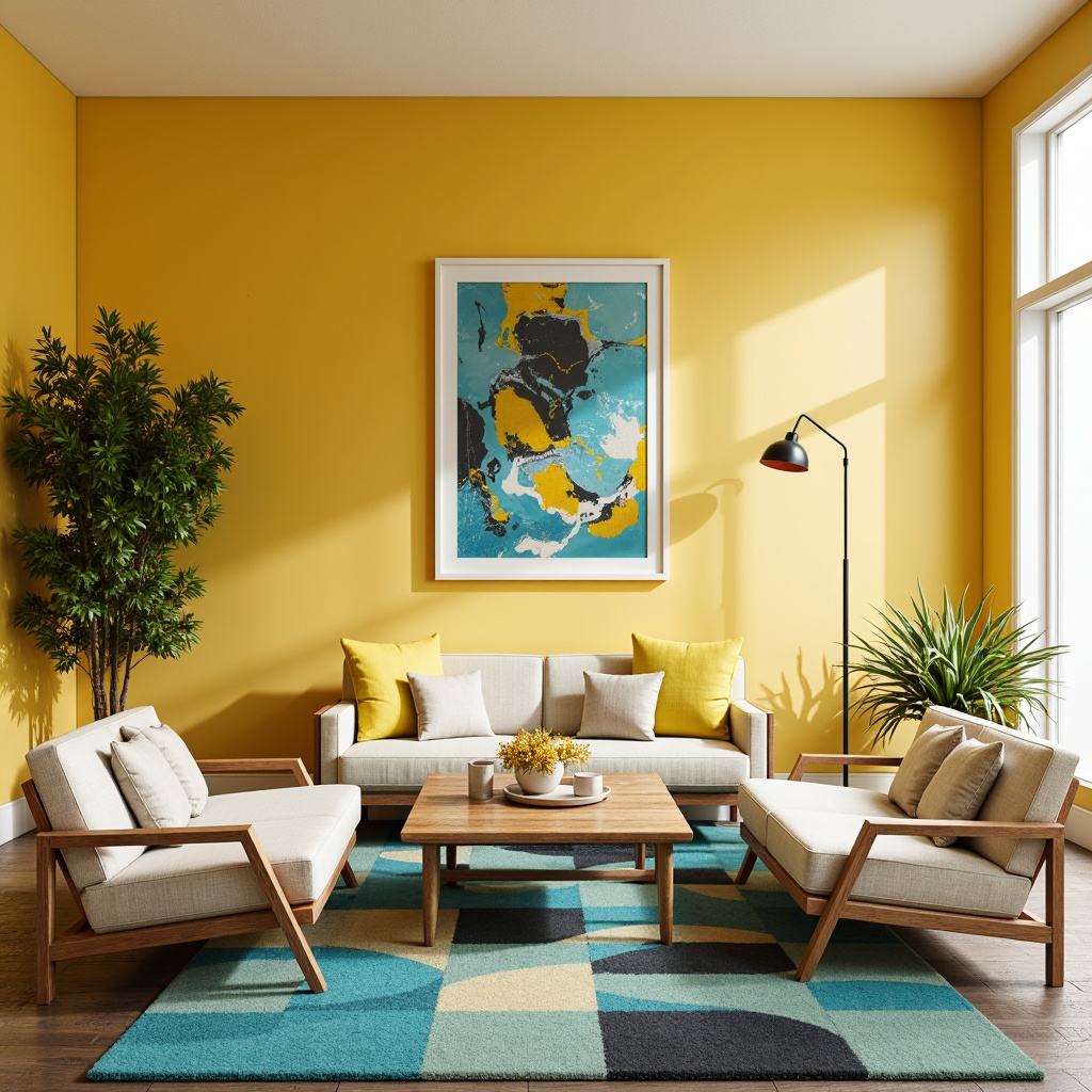 Prompt: Vibrant light yellow walls, bold citrus accents, soft creamy whites, rich charcoal grays, deep turquoise blues, natural wood textures, sleek modern furniture, geometric patterned rugs, abstract artwork, warm golden lighting, shallow depth of field, 1/1 composition, realistic reflections, ambient occlusion.