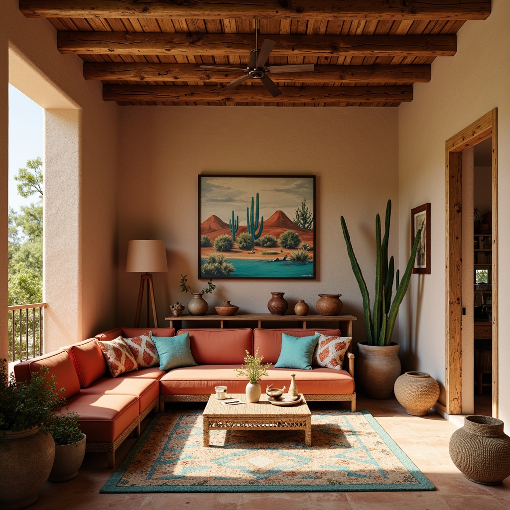 Prompt: Vibrant turquoise accents, terracotta pottery, woven textiles, Navajo-inspired patterns, rustic wooden beams, adobe-style walls, earthy color palette, desert botanicals, cactus plants, sandy neutrals, warm golden lighting, shallow depth of field, 3/4 composition, realistic textures, ambient occlusion, Southwestern-inspired artwork, geometric shapes, natural fabrics, woven baskets, clay vases, distressed wood furniture, earthy scents.