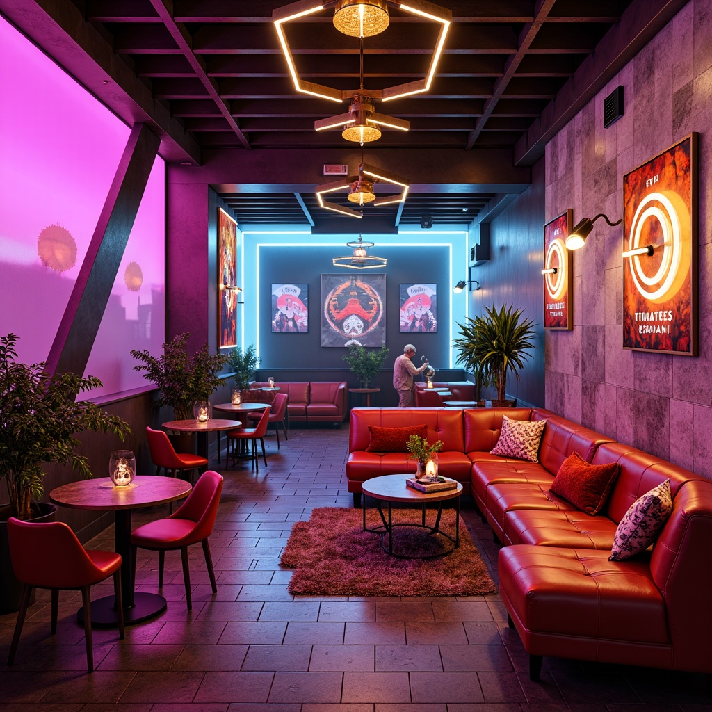 Prompt: Vibrant postmodern interior, bold color blocking, eclectic furniture arrangement, abstract artwork, neon-lit accents, glossy finishes, metallic sheen, rich textures, bold pattern mixing, statement lighting fixtures, futuristic shapes, retro-futuristic vibes, atmospheric misting, shallow depth of field, 1/1 composition, cinematic lighting, moody ambiance, avant-garde decor.