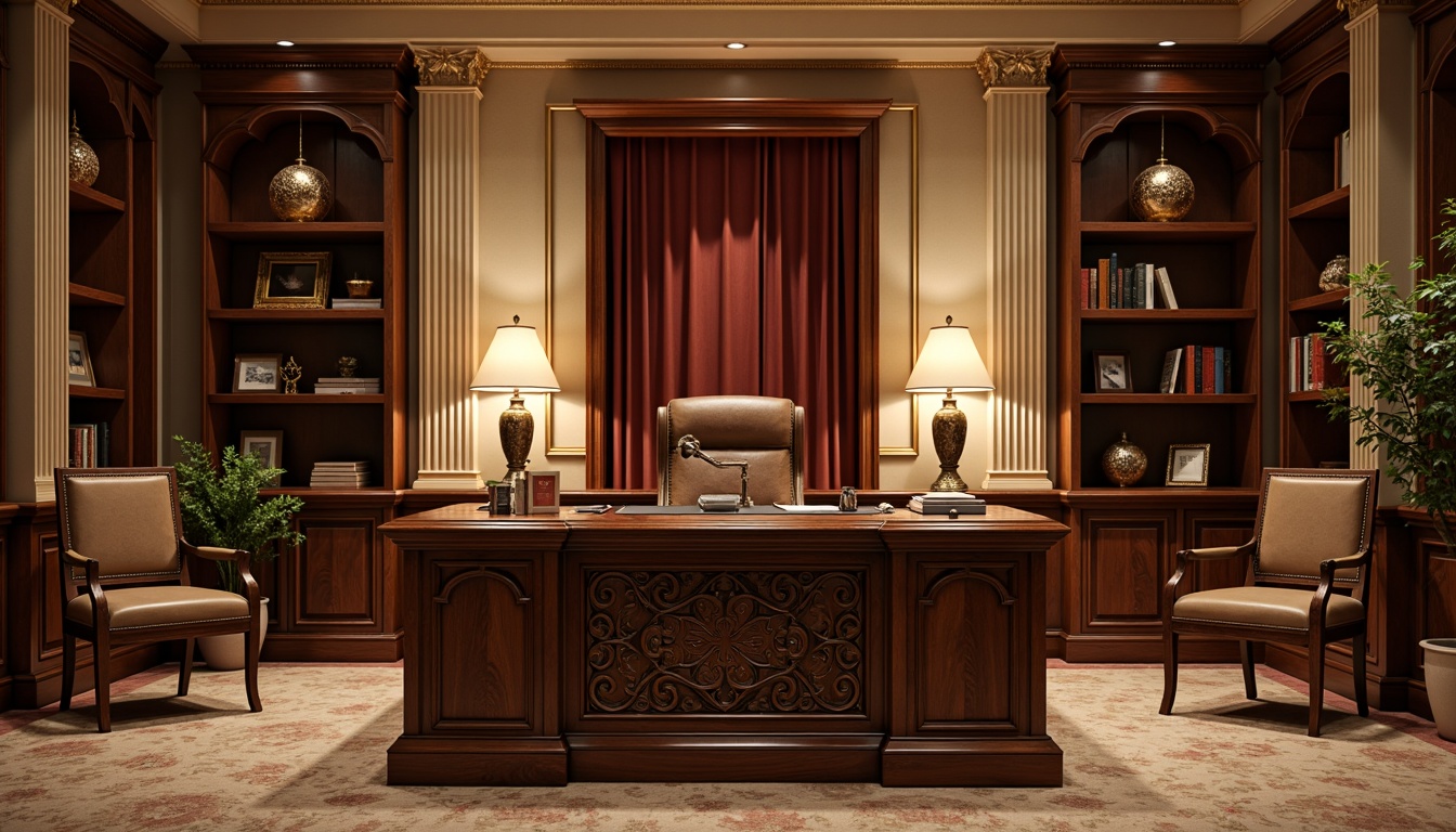 Prompt: Mahogany wooden desk, leather office chair, rich brown colors, ornate carvings, classical columns, luxurious fabrics, elegant lamps, traditional bookshelves, warm beige walls, soft golden lighting, subtle wood grain textures, 1/2 composition, slight vignette effect, realistic reflections, ambient occlusion.Let me know if this meets your requirements!