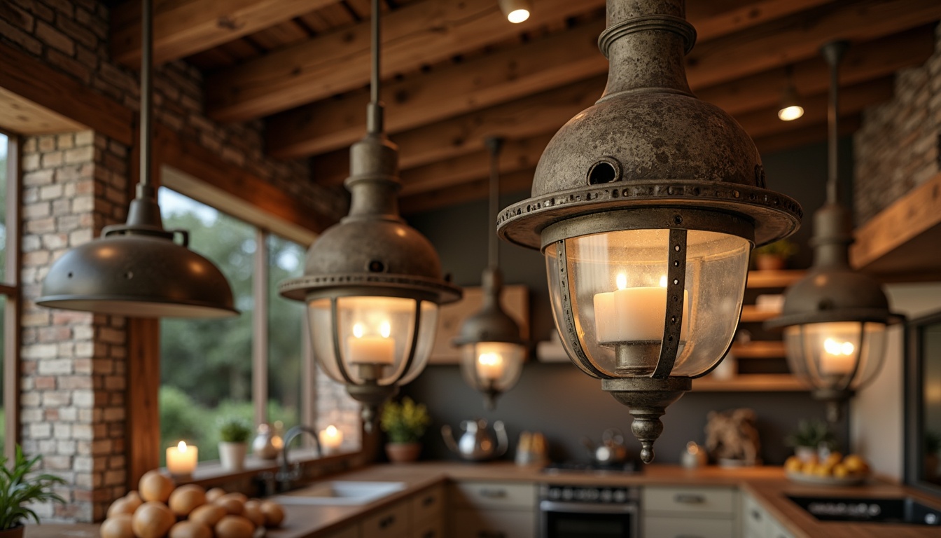 Prompt: Rustic farmhouse, vintage metal lanterns, distressed wooden beams, earthy tones, natural textures, pendant lights, industrial chic fixtures, wrought iron chandeliers, candle-inspired designs, warm soft glow, cozy ambiance, country-style kitchen, exposed brick walls, reclaimed wood accents, traditional rustic decor, classic metal shades, nostalgic flair, warm inviting atmosphere, soft warm lighting, shallow depth of field, 3/4 composition.