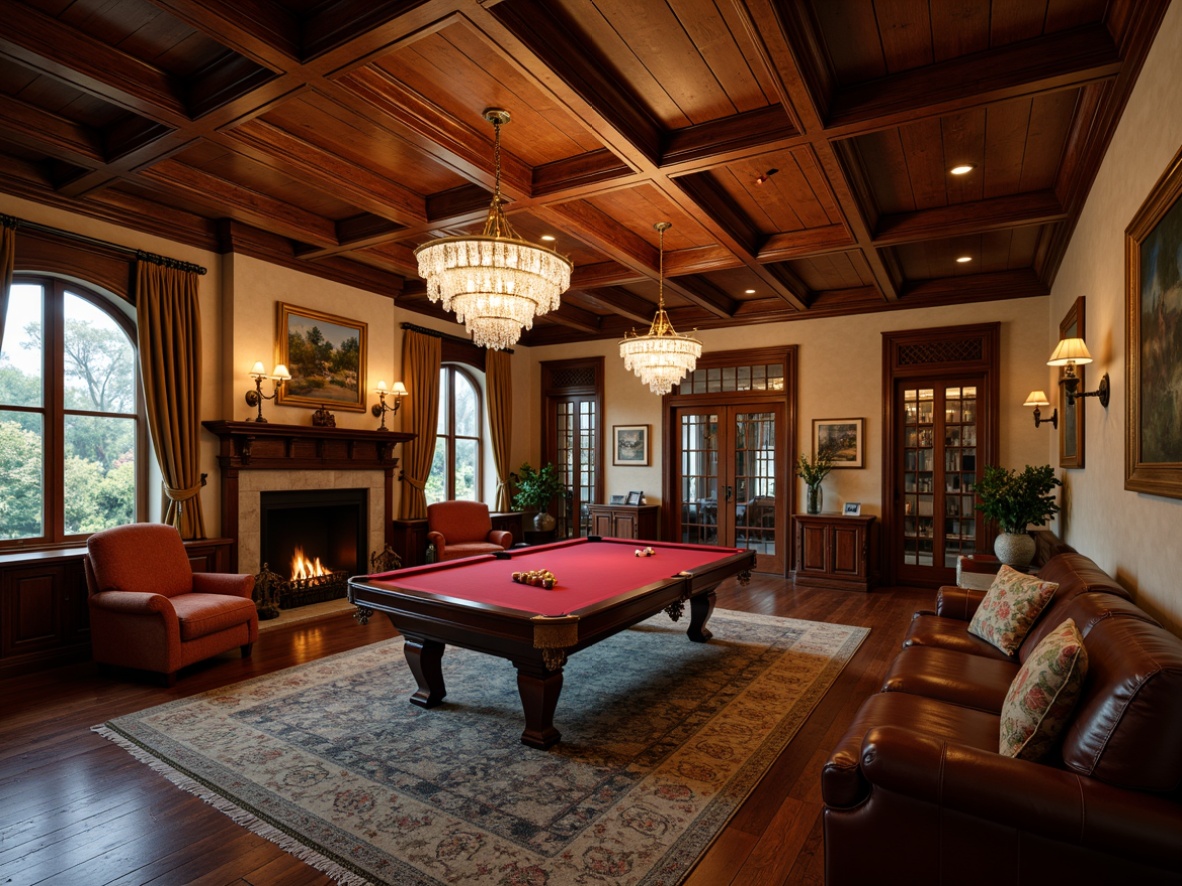 Prompt: \Cozy game room, rich wood paneling, plush leather sofas, classic billiard table, warm dim lighting, ornate crystal chandeliers, intricate wooden carvings, luxurious velvet drapes, stained glass windows, leaded glass cabinets, frosted glass doors, polished metal hardware, rustic stone fireplace, traditional oil paintings, comfortable reading nooks, warm beige walls, soft golden lighting, shallow depth of field, 1/2 composition, realistic textures, ambient occlusion.\