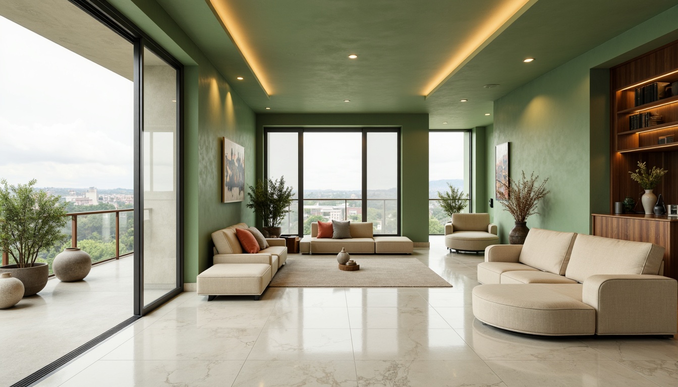 Prompt: Celadon-inspired penthouse, luxurious modern interior, calming soft green walls, creamy white marble floors, warm beige furniture, subtle wood accents, elegant curved lines, expansive city views, floor-to-ceiling windows, sliding glass doors, cozy reading nooks, plush velvet sofas, minimalist decor, delicate ceramic vases, soft warm lighting, shallow depth of field, 1/1 composition, panoramic view, realistic textures, ambient occlusion.