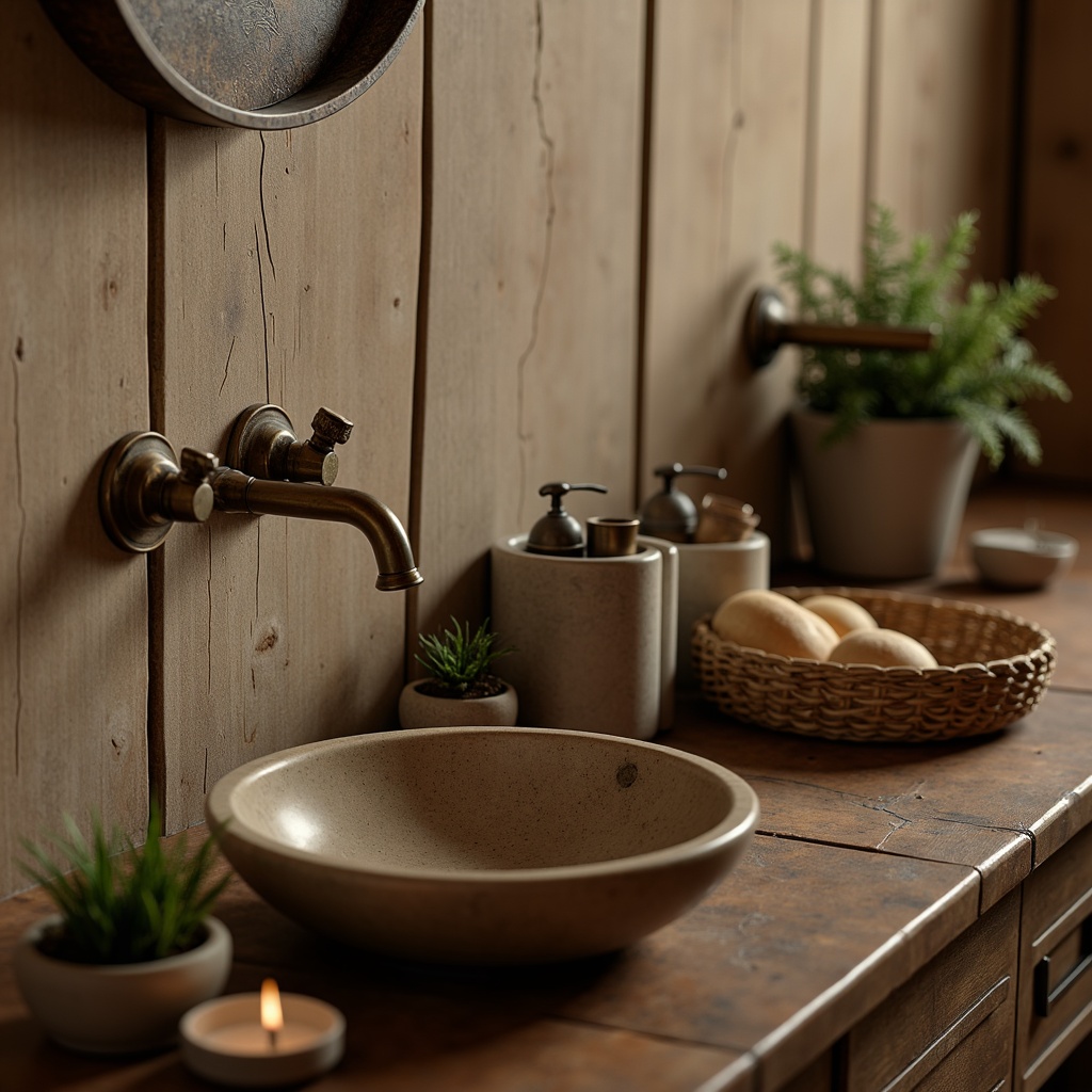 Prompt: Rustic powder room, vintage faucet handles, distressed metal finishes, earthy tone ceramic sinks, natural stone countertops, reclaimed wood vanities, woven baskets, potted greenery, soft warm lighting, shallow depth of field, 1/1 composition, realistic textures, ambient occlusion, modern rustic fusion, bronze accents, copper tones, water-efficient technology, single-handle operation, wall-mount installation.